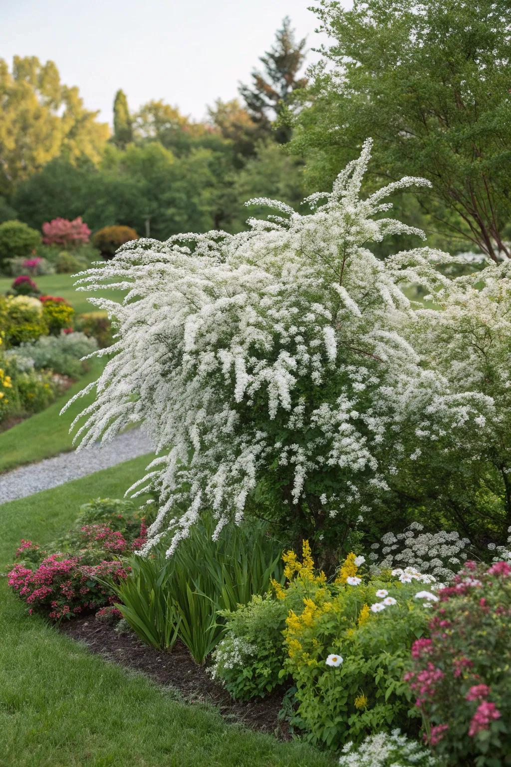A commanding spirea shrub serving as a garden's centerpiece.