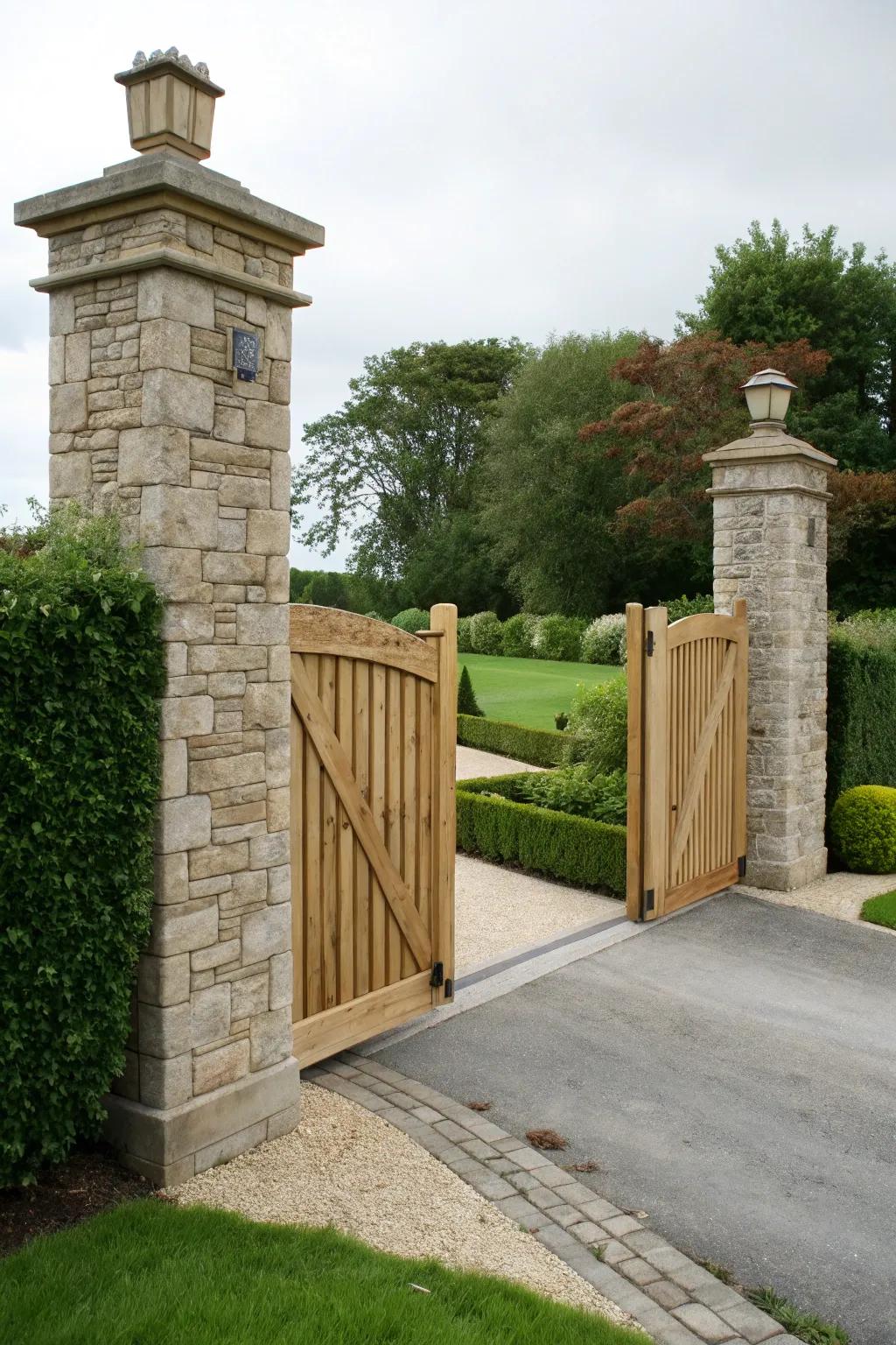 The fusion of stone pillars and timber gates creates a warm and inviting driveway entrance.