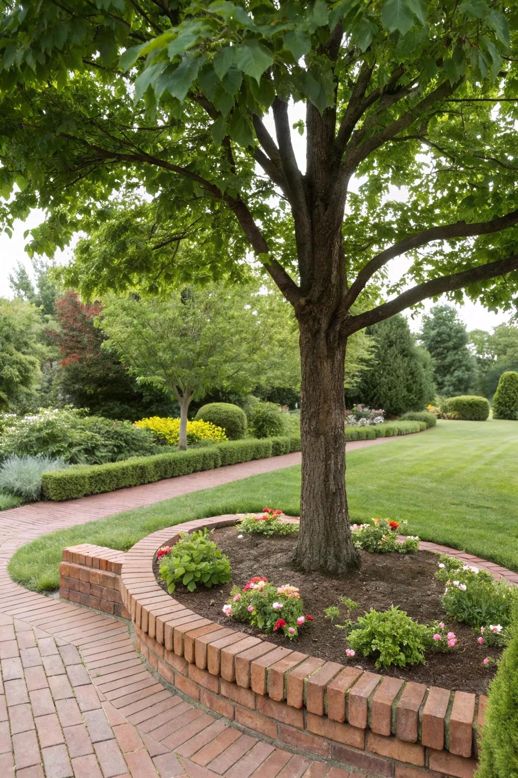 Decorative edging provides a polished look around tree bases.