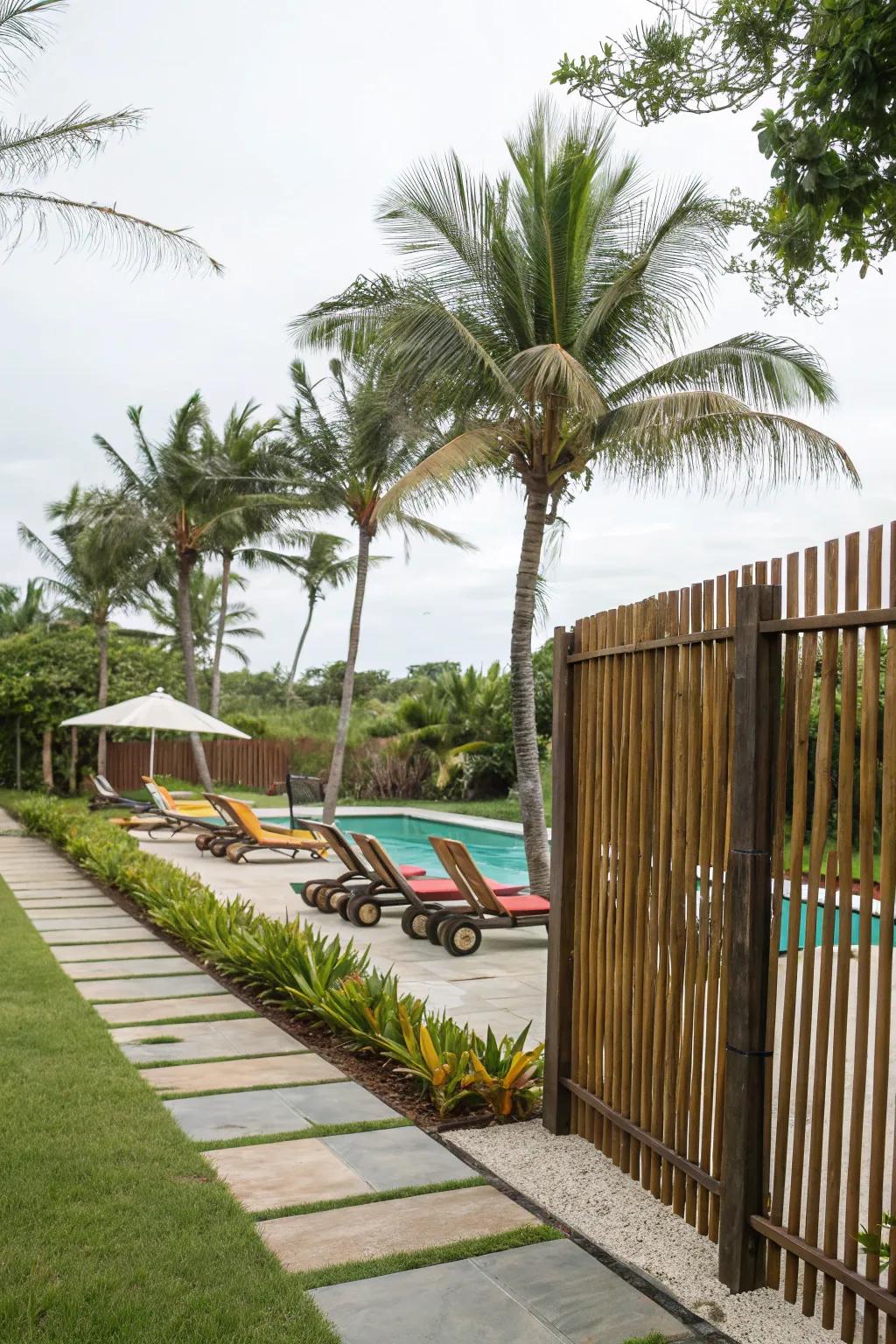 Create a resort atmosphere with a tropical poolside fence.