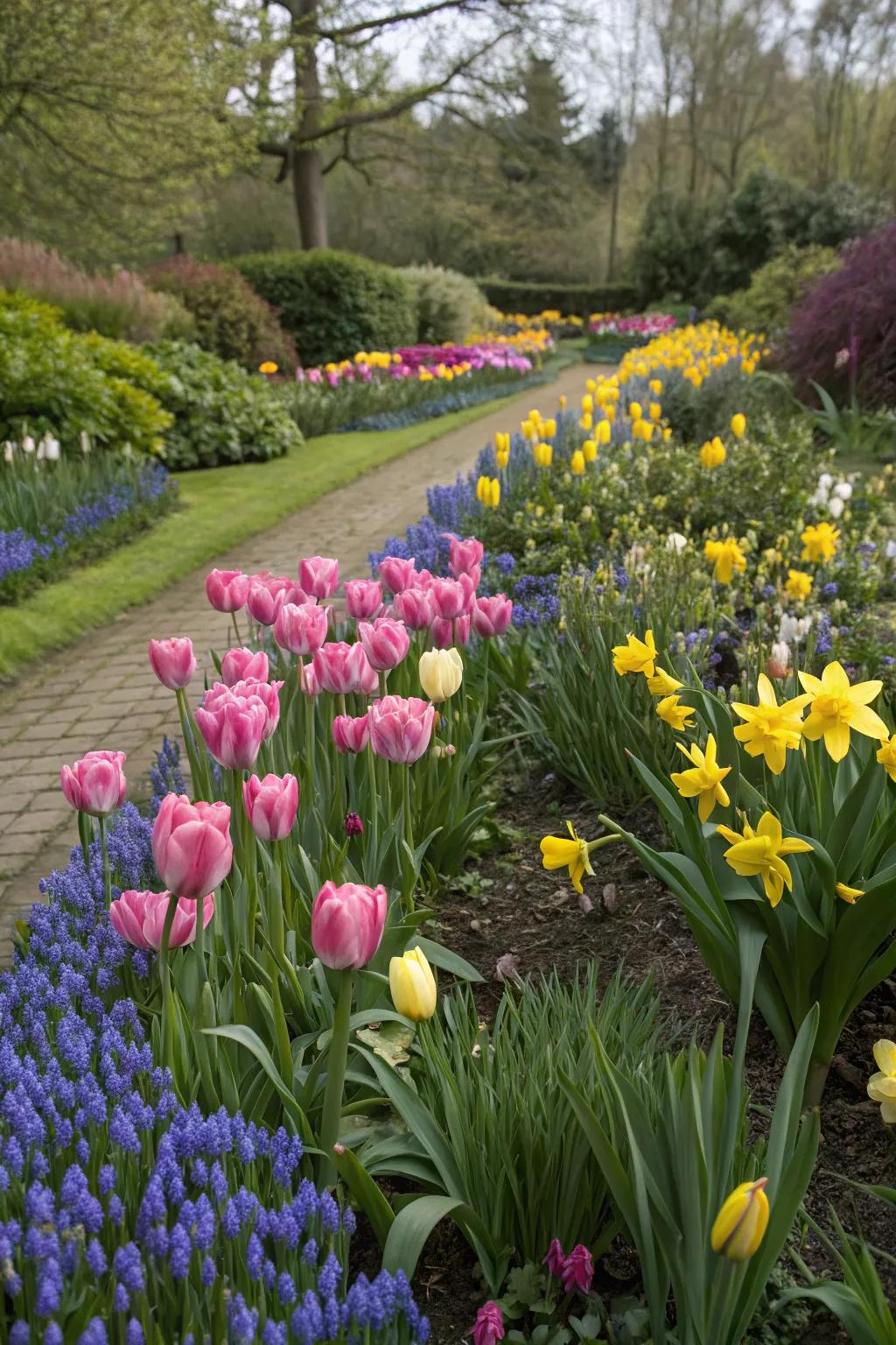Tulips paired with muscari and daffodils for a springtime burst.