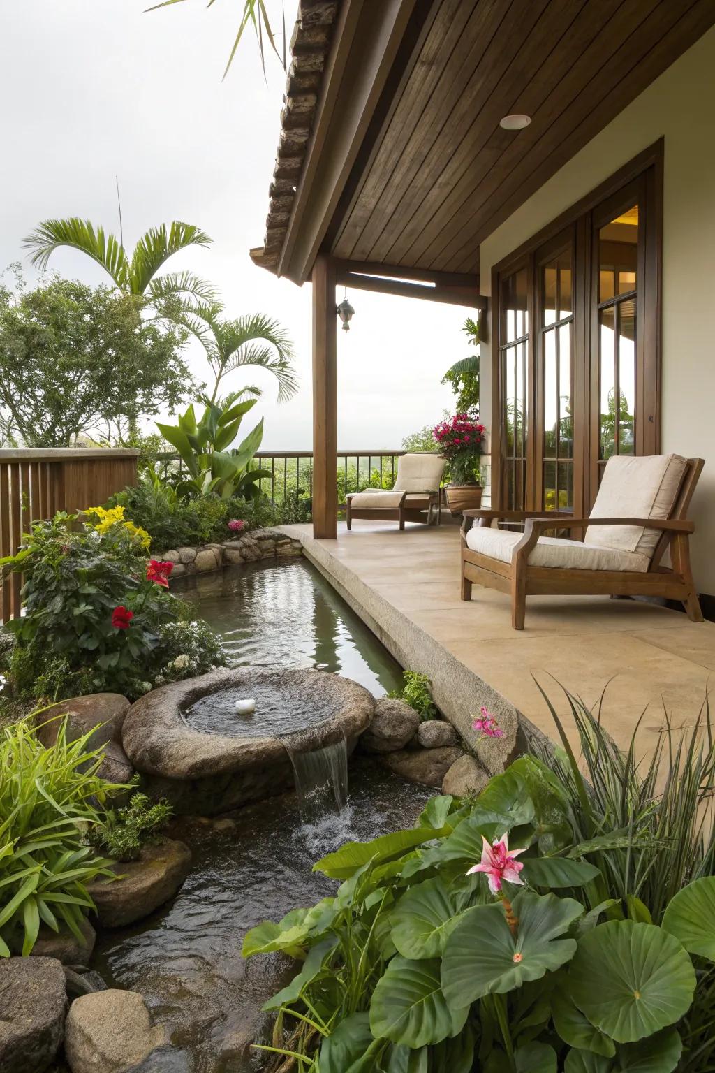 Water feature adding a soothing element to the veranda.