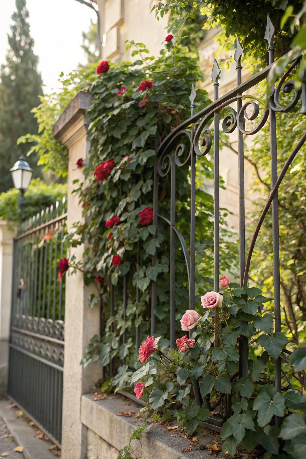 Nature and wrought iron blend seamlessly with climbing plants.