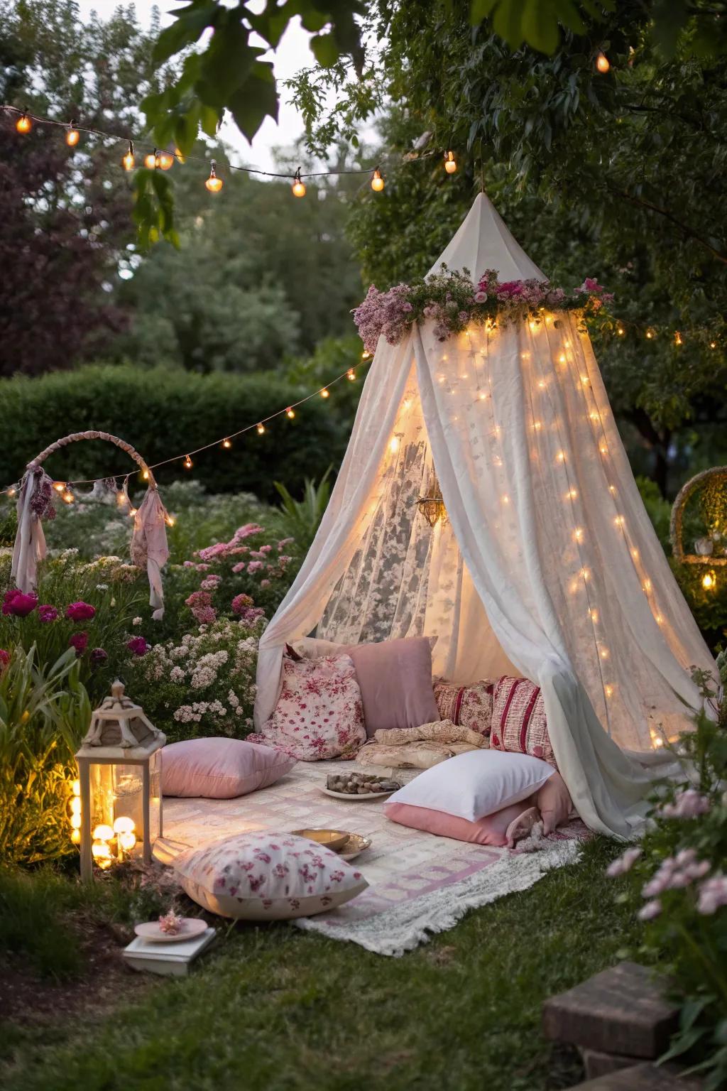 A cozy tent setup in the garden, perfect for relaxing.