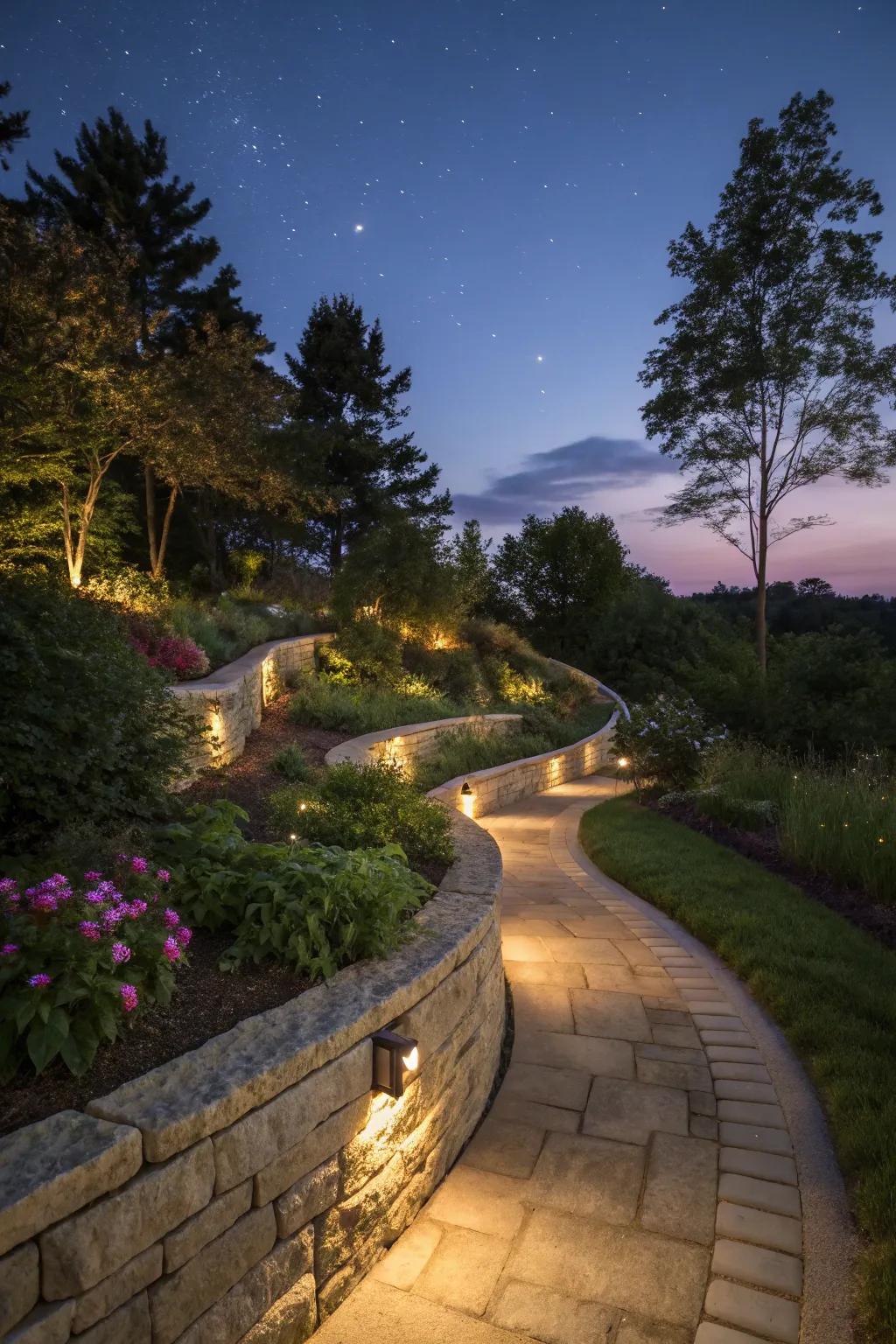 Lighting adds ambiance and safety to garden paths.