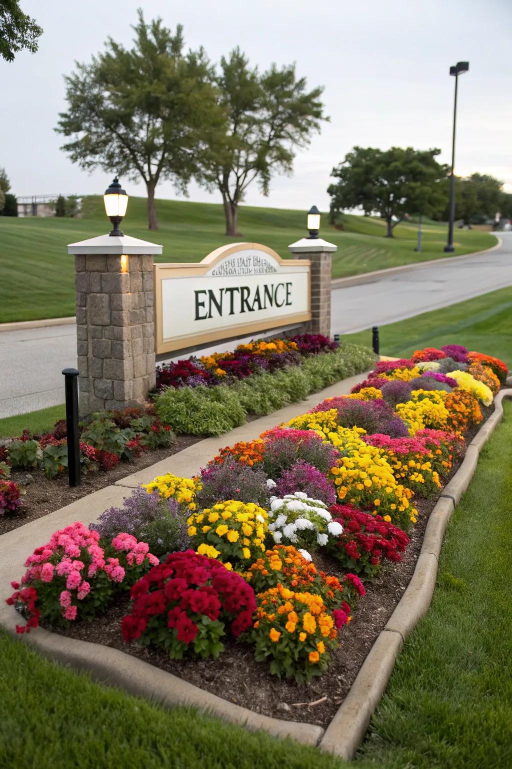 Vibrant flower beds adding color and charm to the entrance sign.