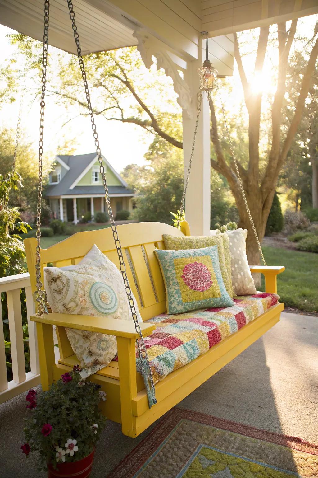 A yellow porch swing brings a burst of sunshine and joy to the porch.