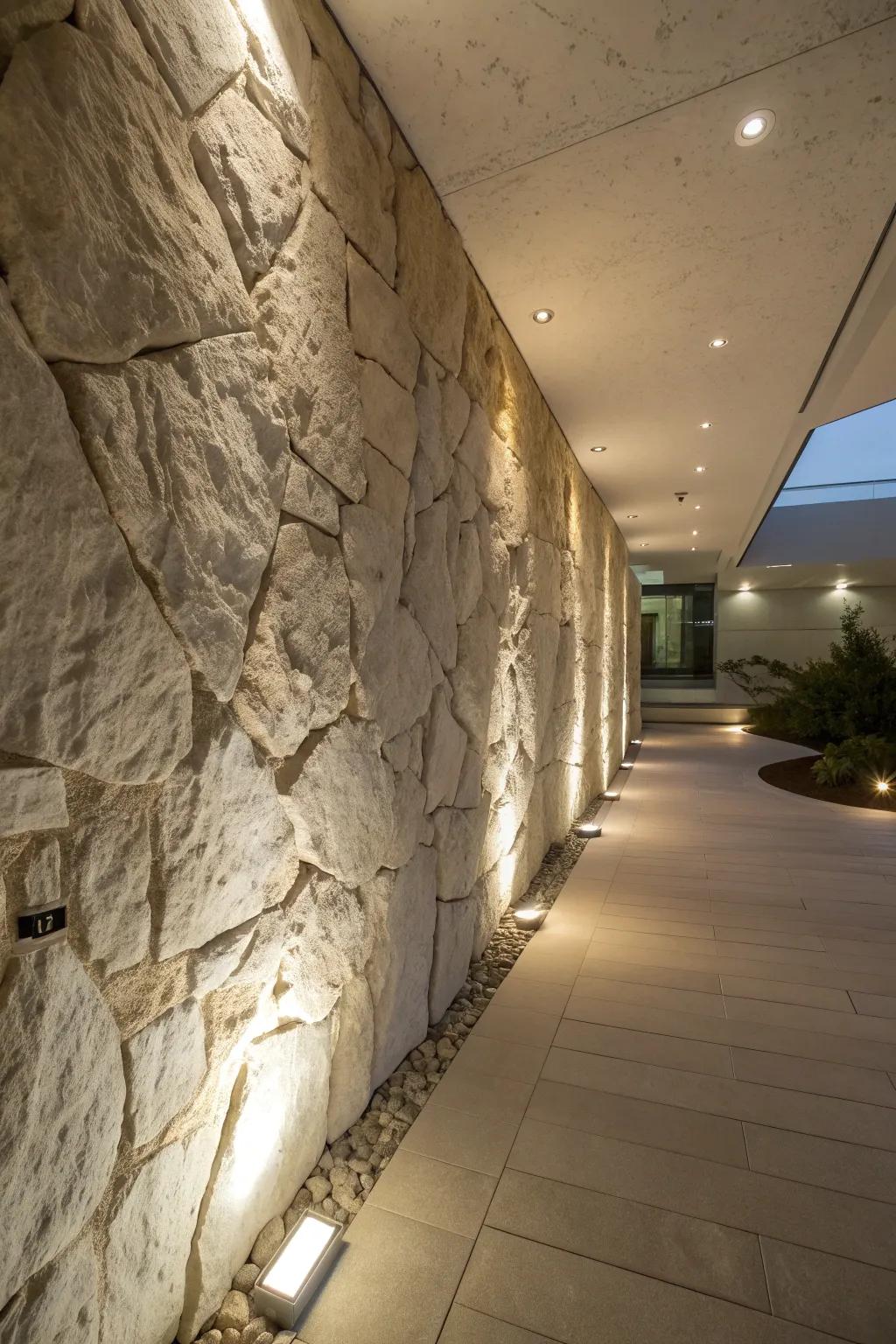 Recessed lights offer minimalist elegance on rock walls.