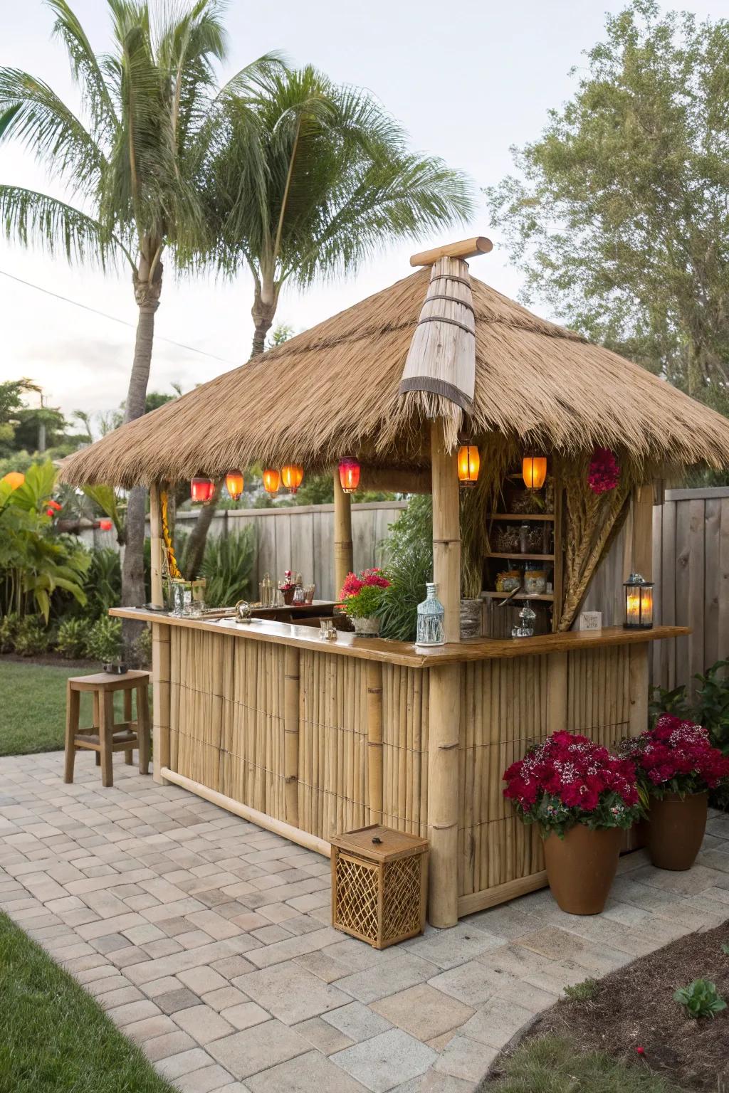 A bamboo tiki bar sets the stage for island-inspired gatherings.