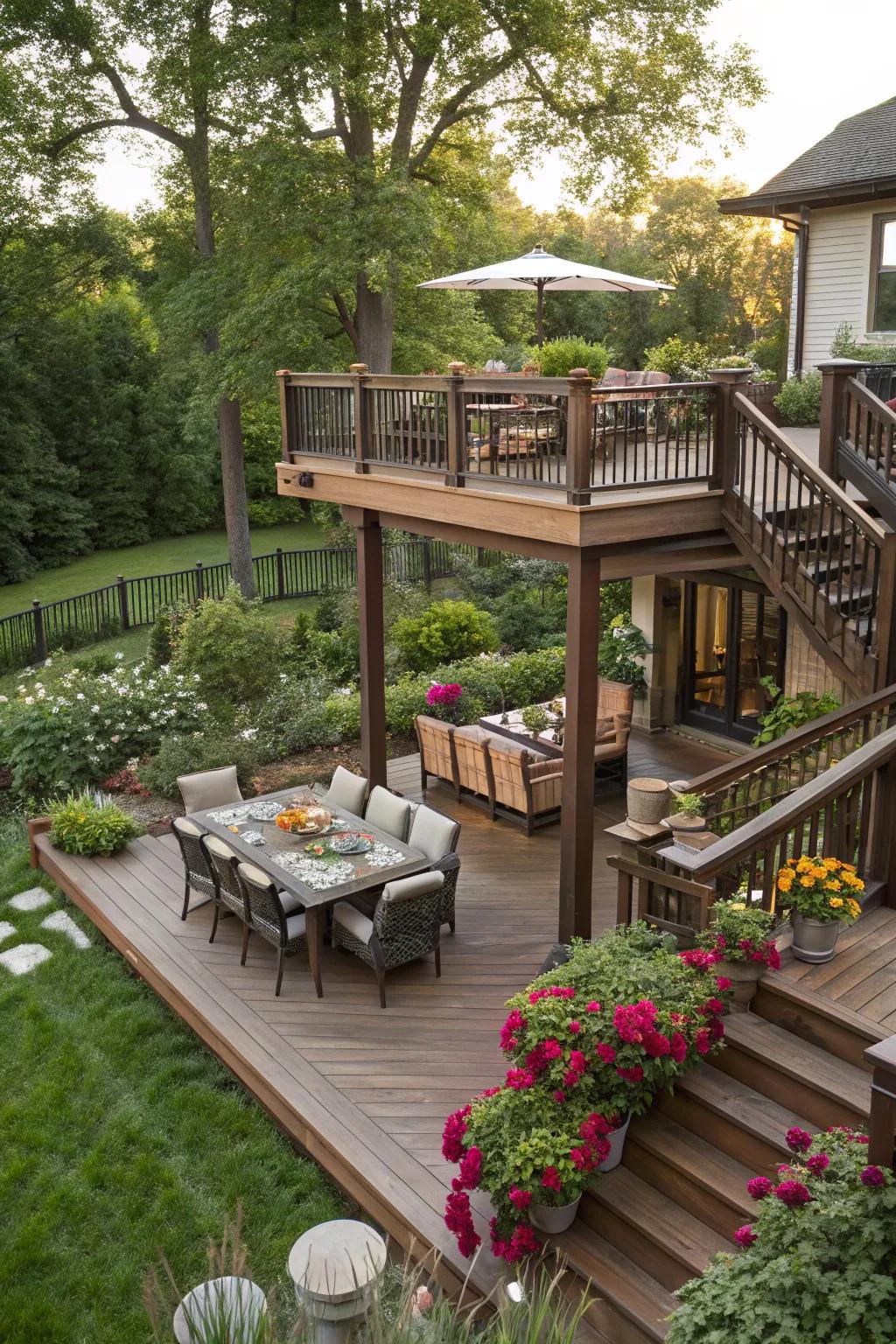 Multi-level decks create distinct areas for different activities.