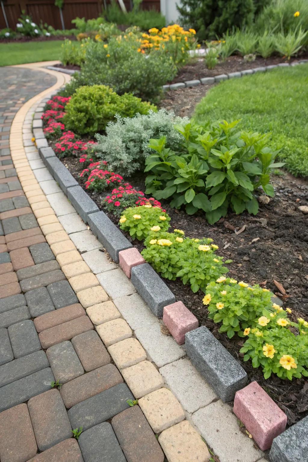 Contrasting paver colors add visual impact to garden borders.