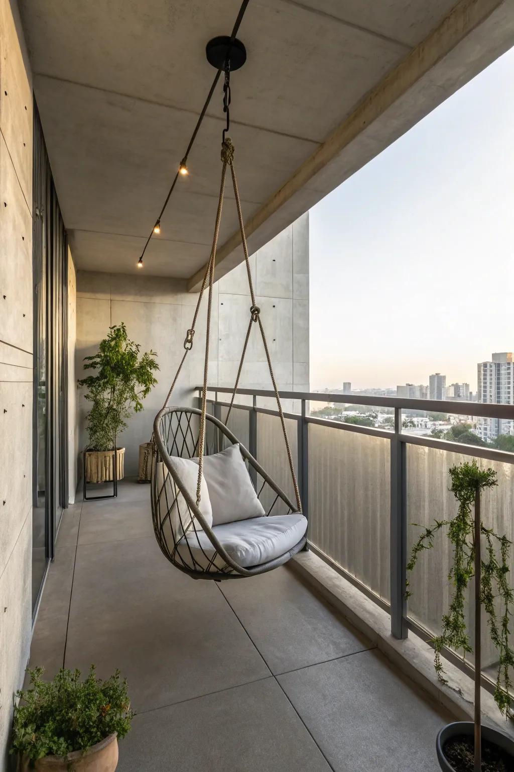 A hanging chair adds whimsy to a concrete balcony.