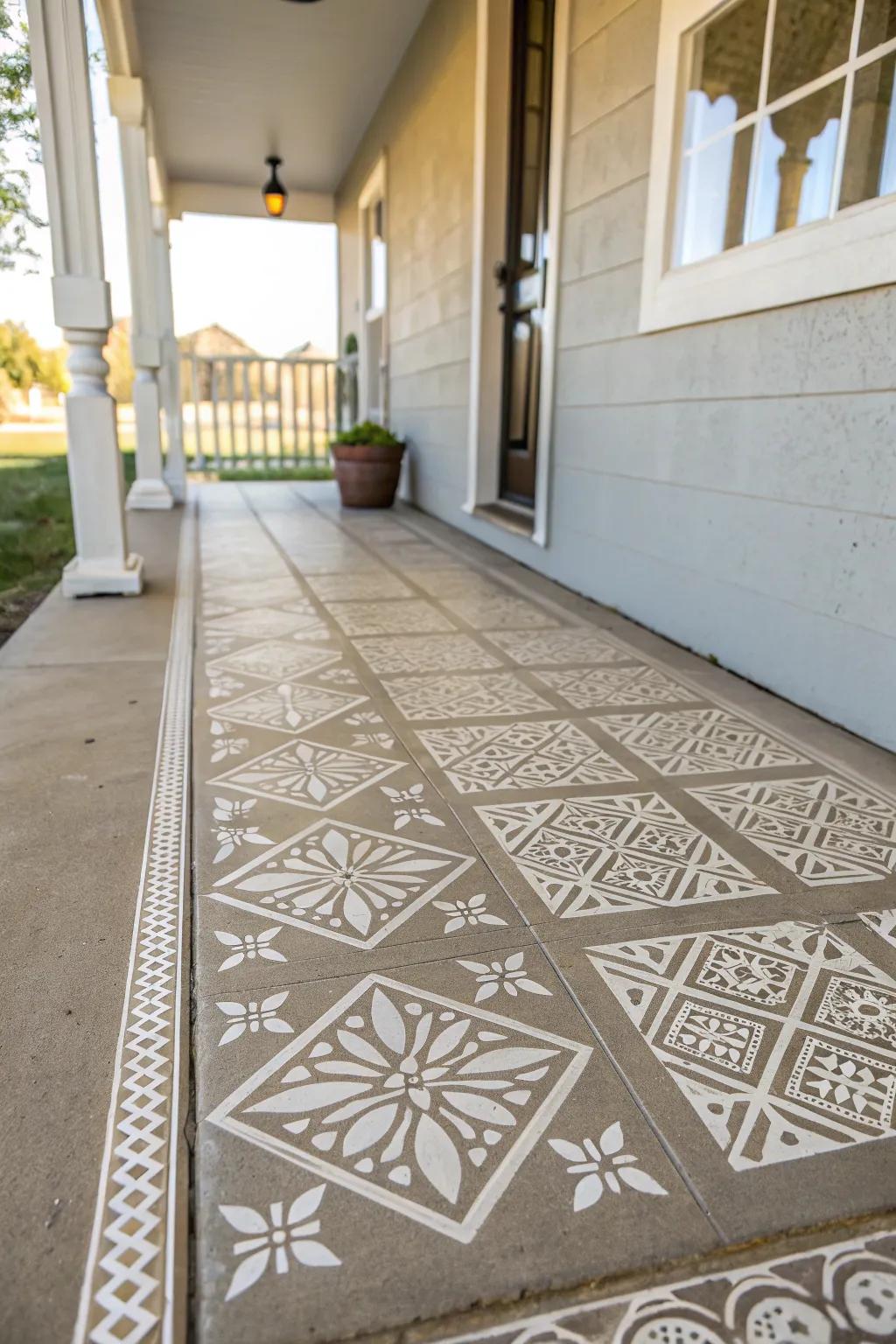 Stenciled patterns add a unique flair to any concrete porch.