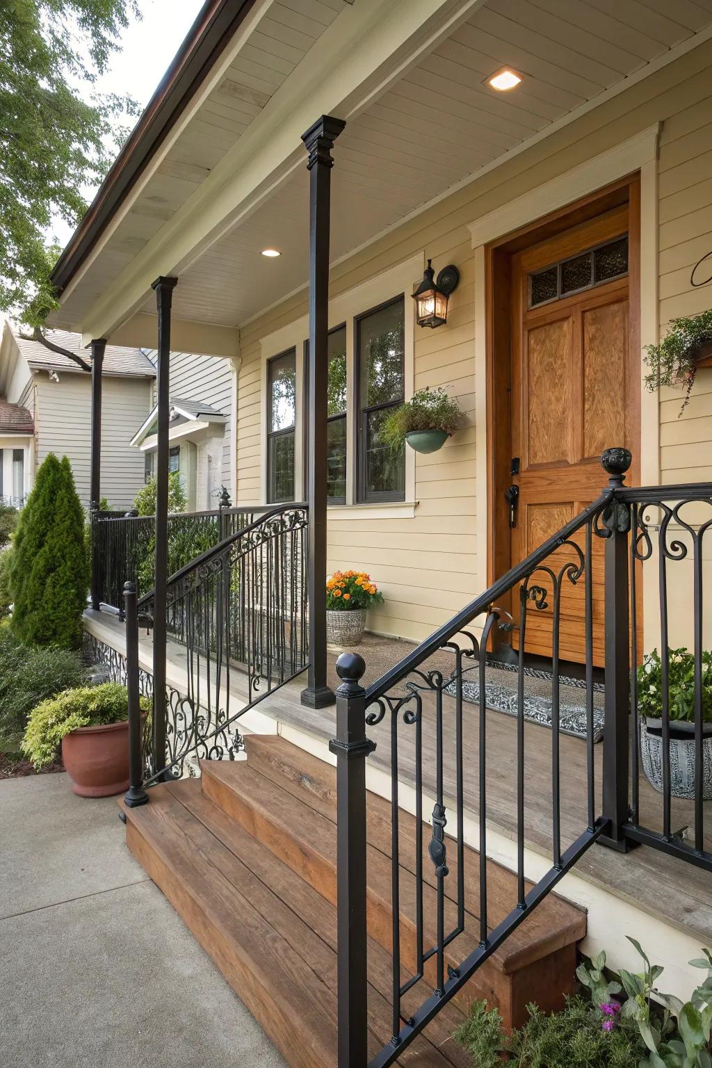 Dark metal railings add a touch of luxury and contrast.