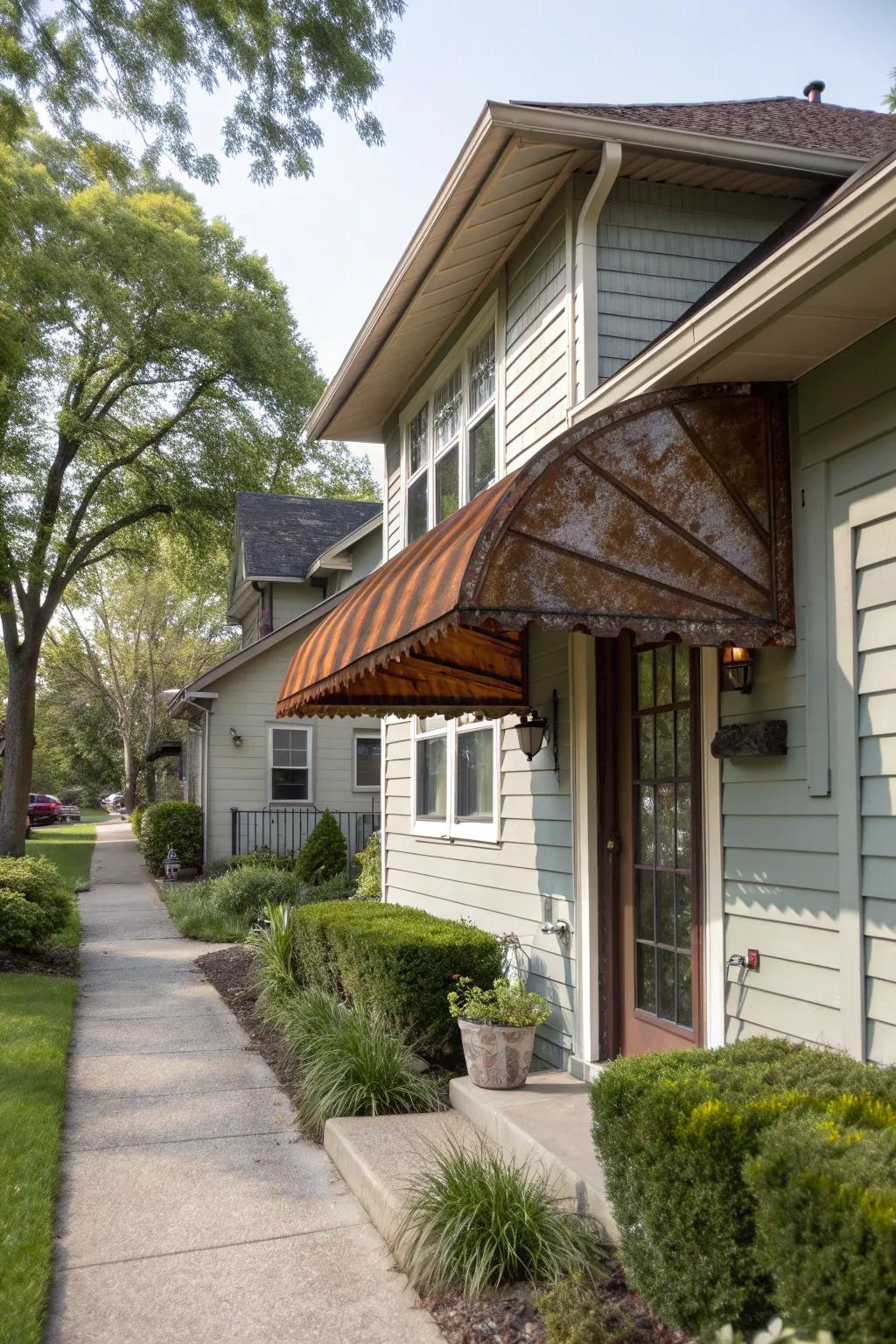 A house uniquely styled with a vintage industrial metal awning.
