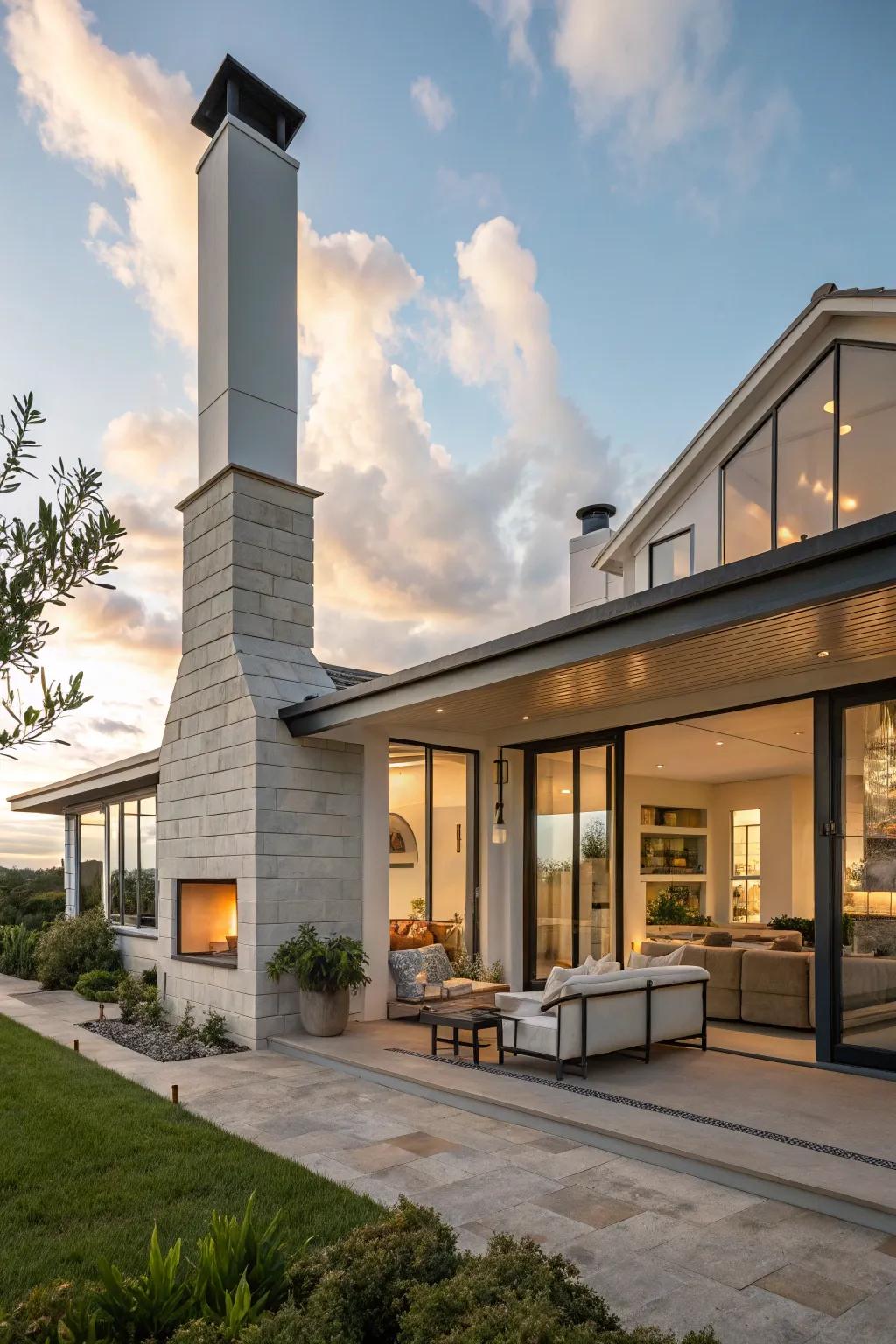 Chimney integrated into the patio for seamless indoor-outdoor flow.