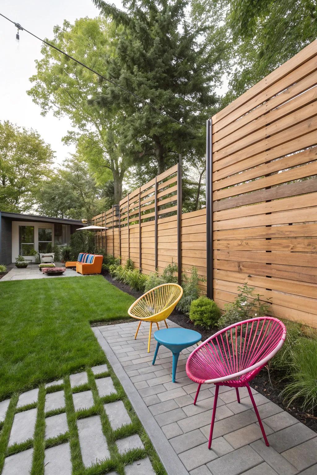 Horizontal wood slats enhance privacy and space in style.