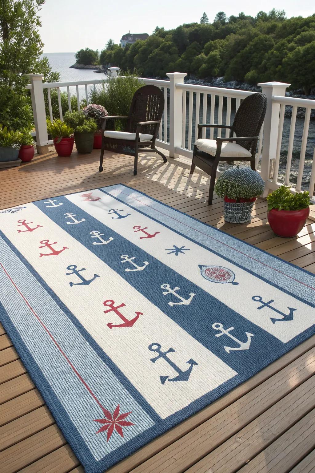 An outdoor rug adds pattern and defines the space on your deck.