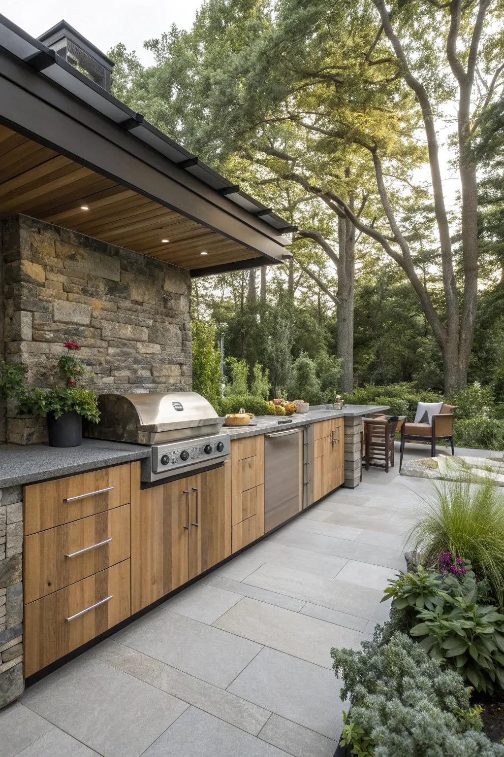 Stone and wood finishes offer a rustic yet elegant touch.