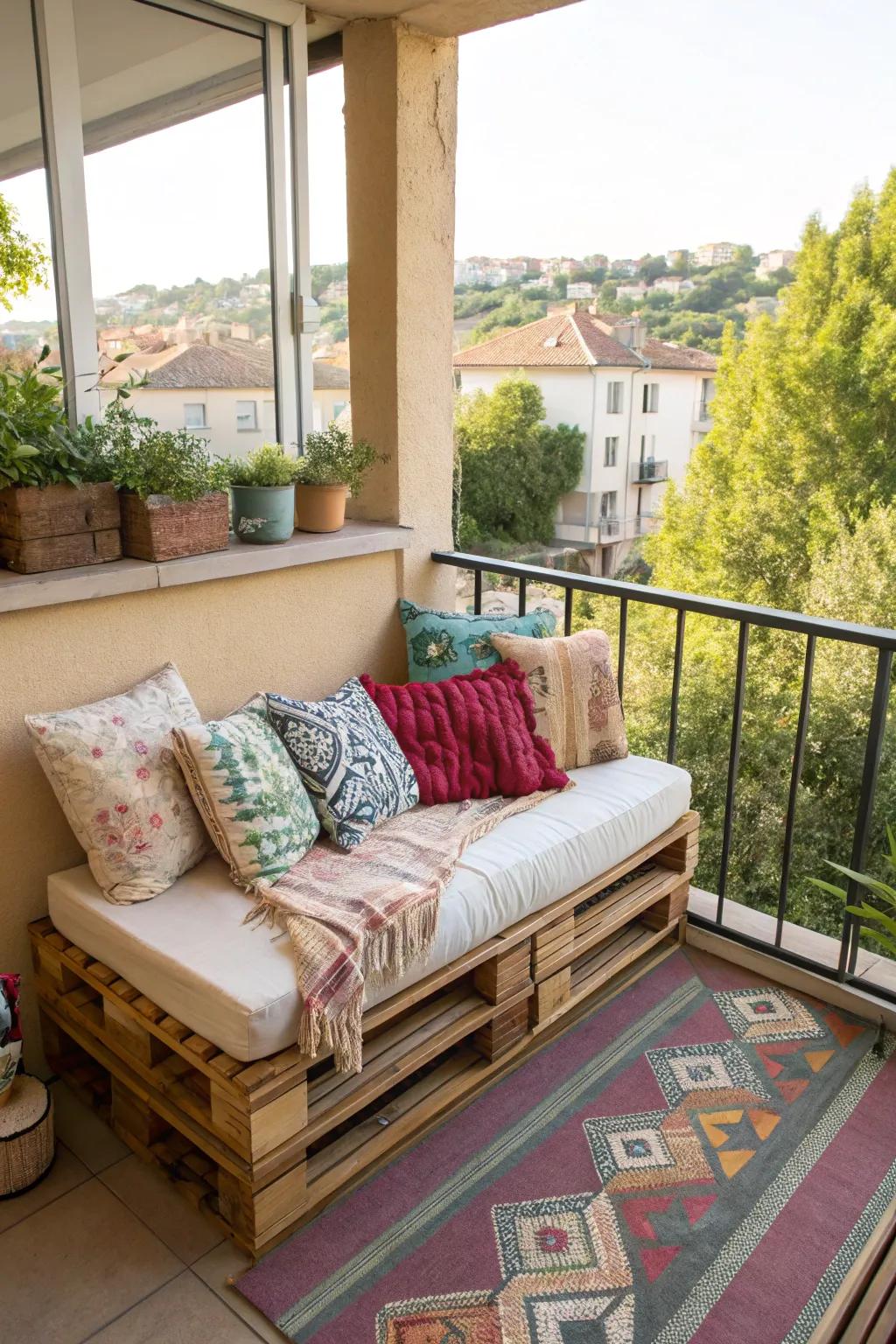 A small balcony with a cozy DIY pallet daybed adorned with comfortable cushions.