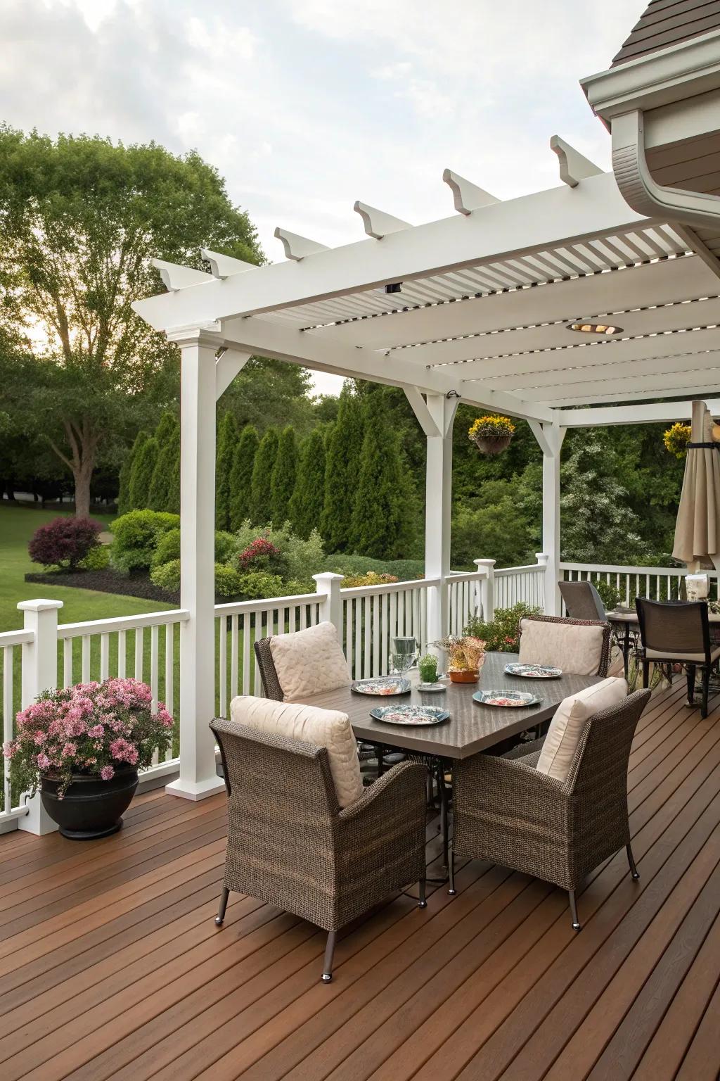 Enhance your deck with a charming vinyl pergola.