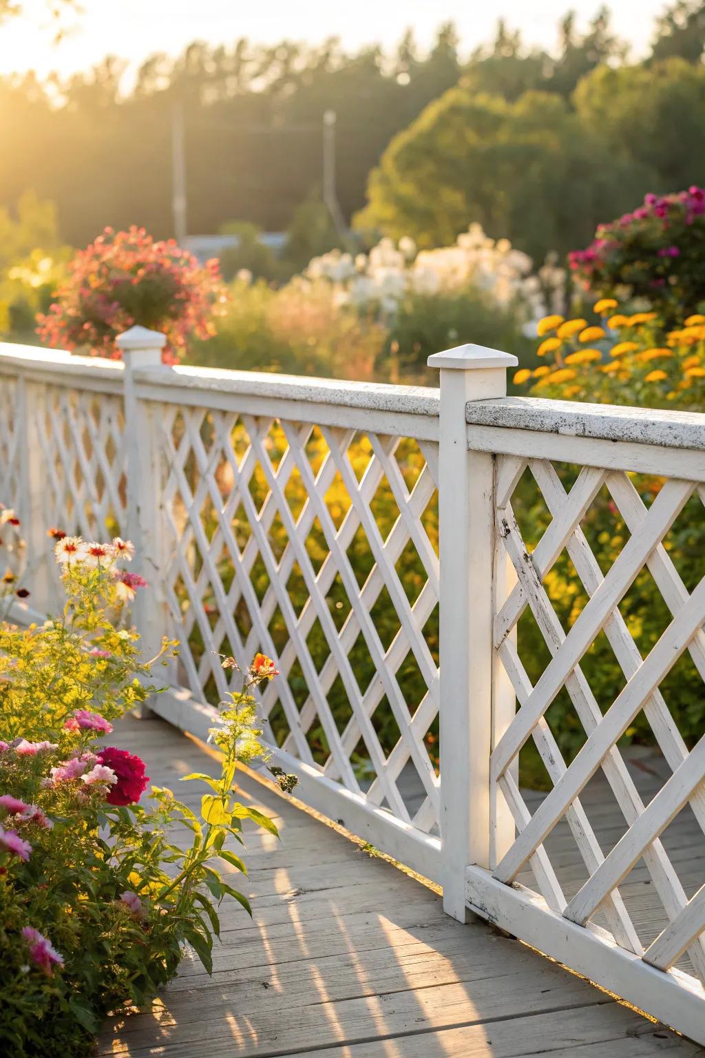 Whimsical white lattice railing brings brightness and charm to this vibrant deck.