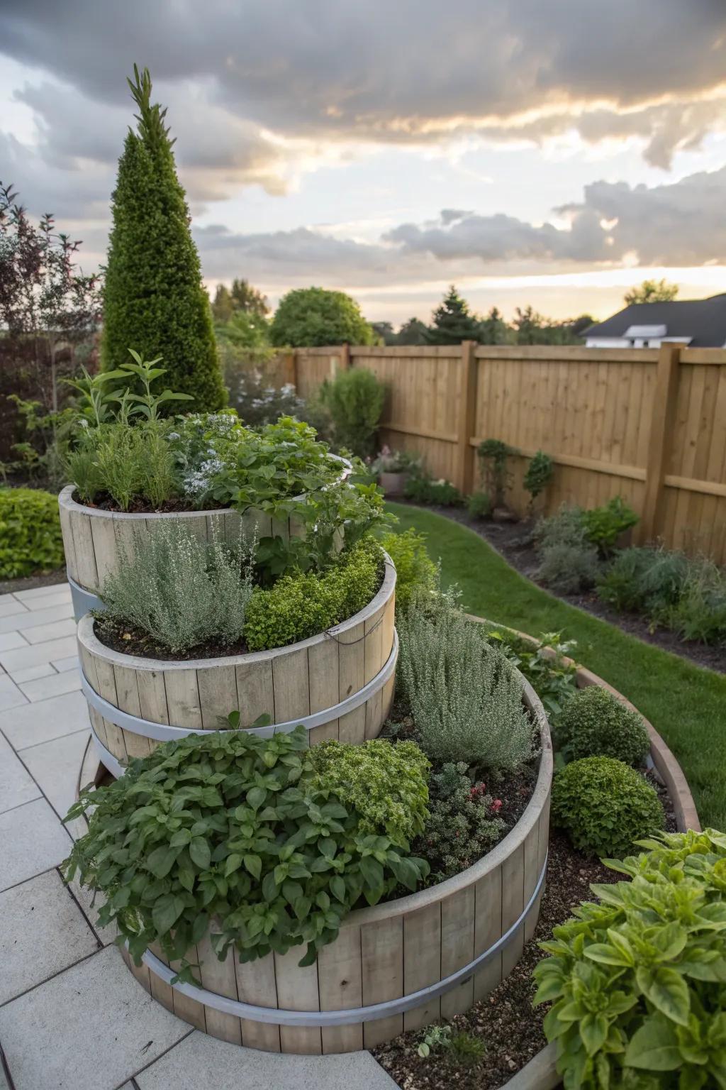 Herb spirals are space-saving and provide fresh herbs readily.