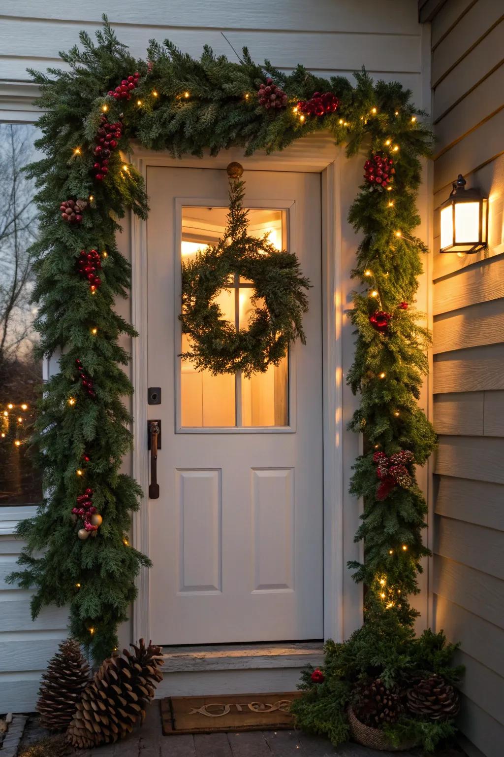 Embrace the holiday spirit with a beautifully adorned door frame.