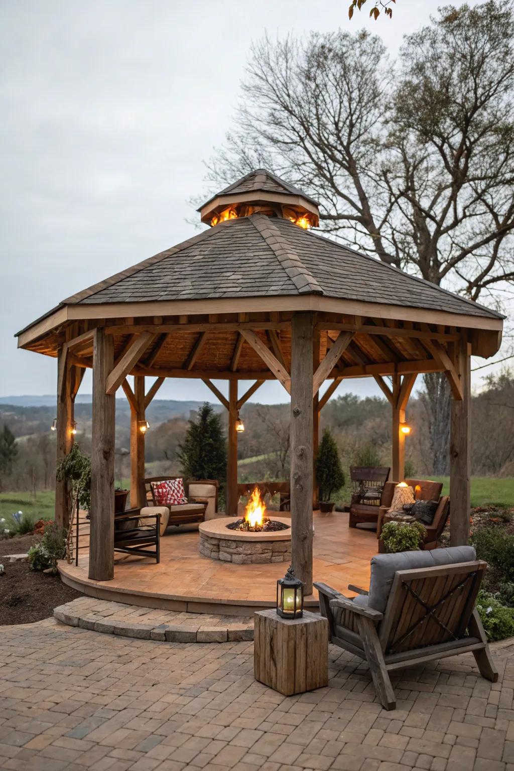 A rustic gazebo with a welcoming fire pit at its center.
