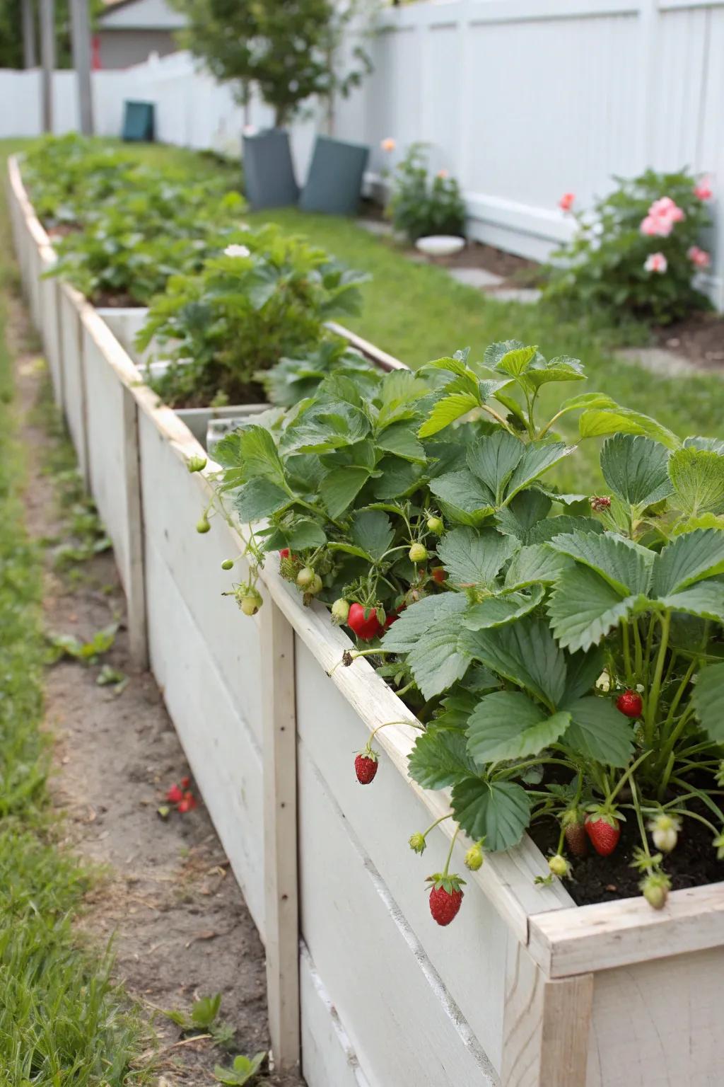 Custom DIY planter boxes filled with strawberries.