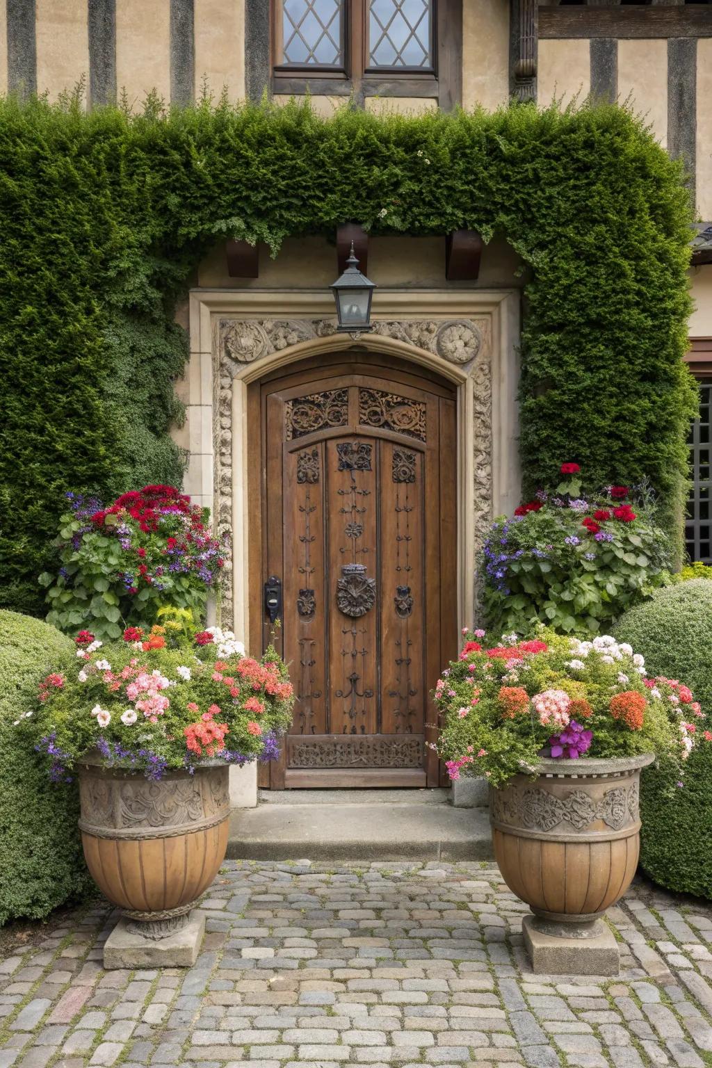 Pots of greenery welcome guests warmly.