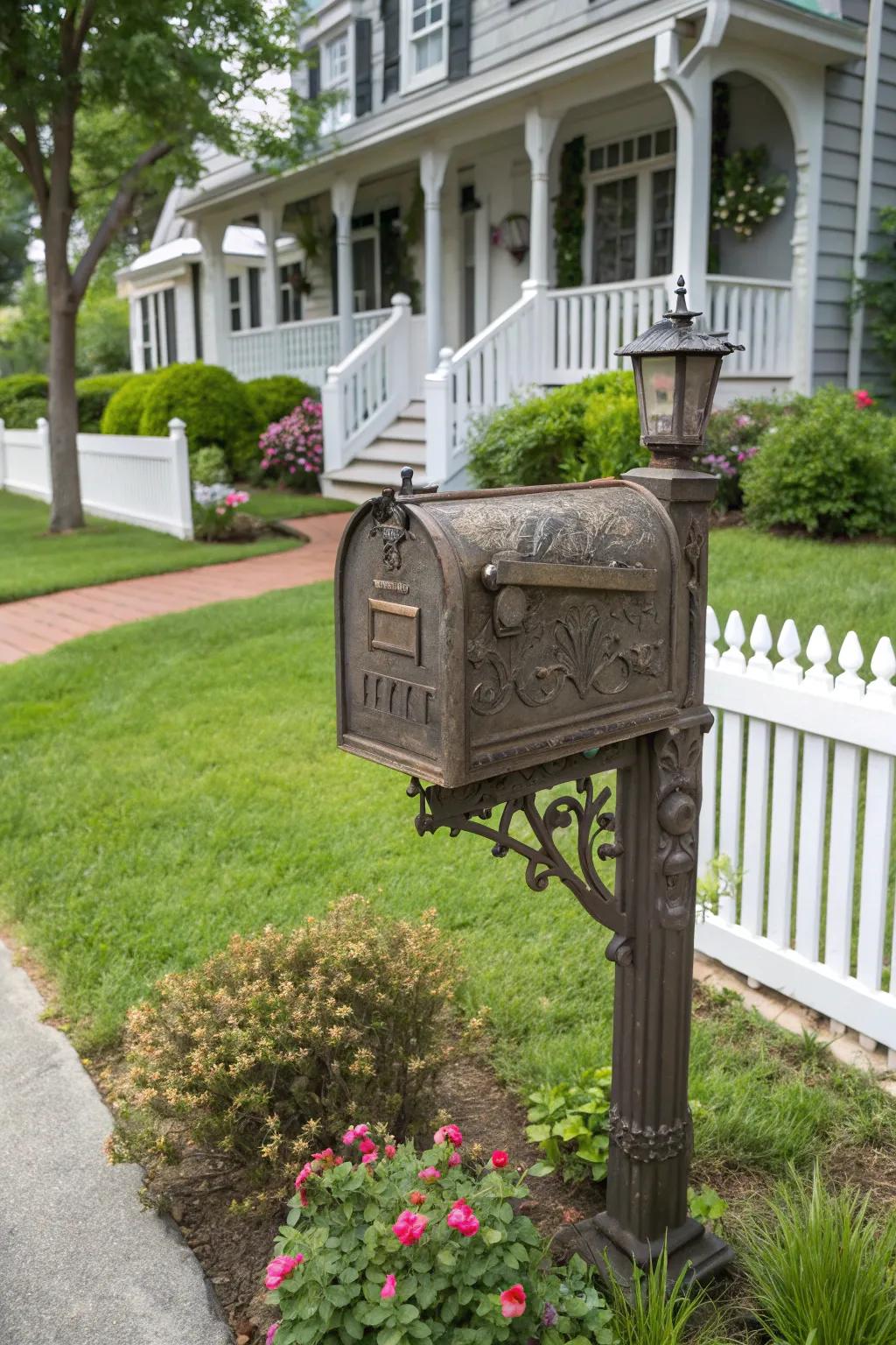 Vintage metal mailbox with Western decorative details.