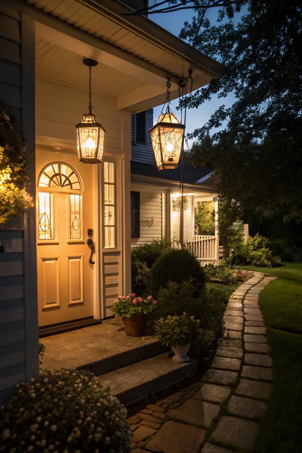 A welcoming front door beautifully lit by charming lanterns.