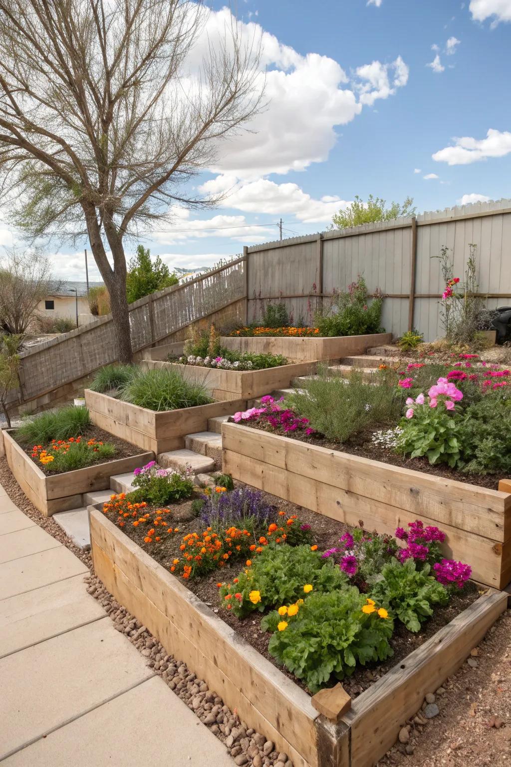 Create depth with tiered garden beds.