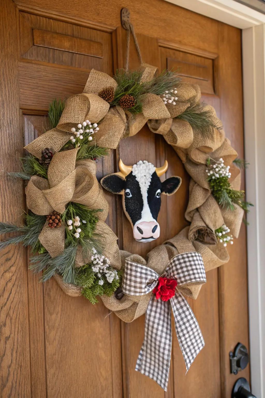 A delightful cow face wreath that brings a touch of the barnyard to your home.
