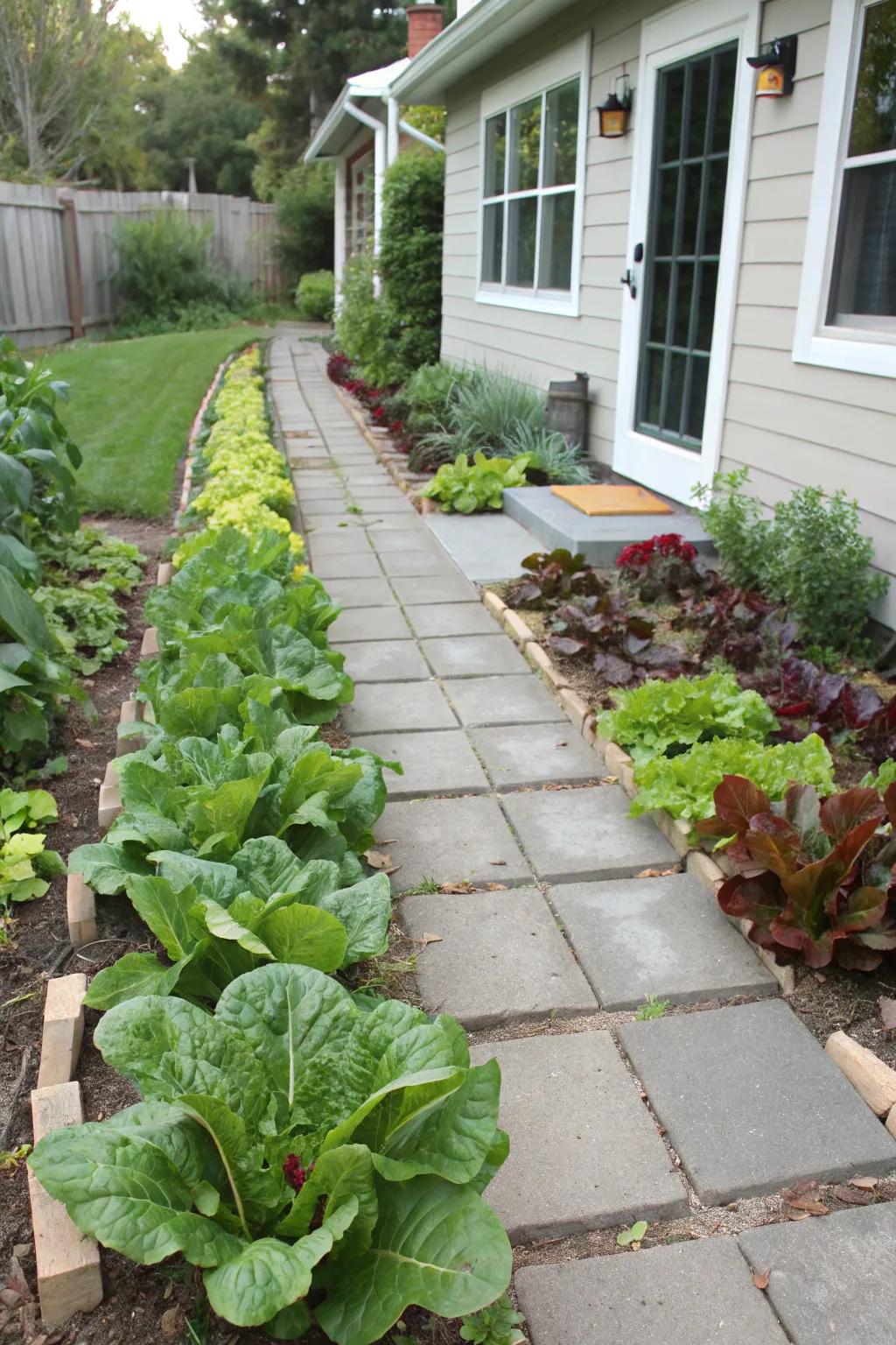 Lettuce and chard create a lush, edible edge along the walkway.