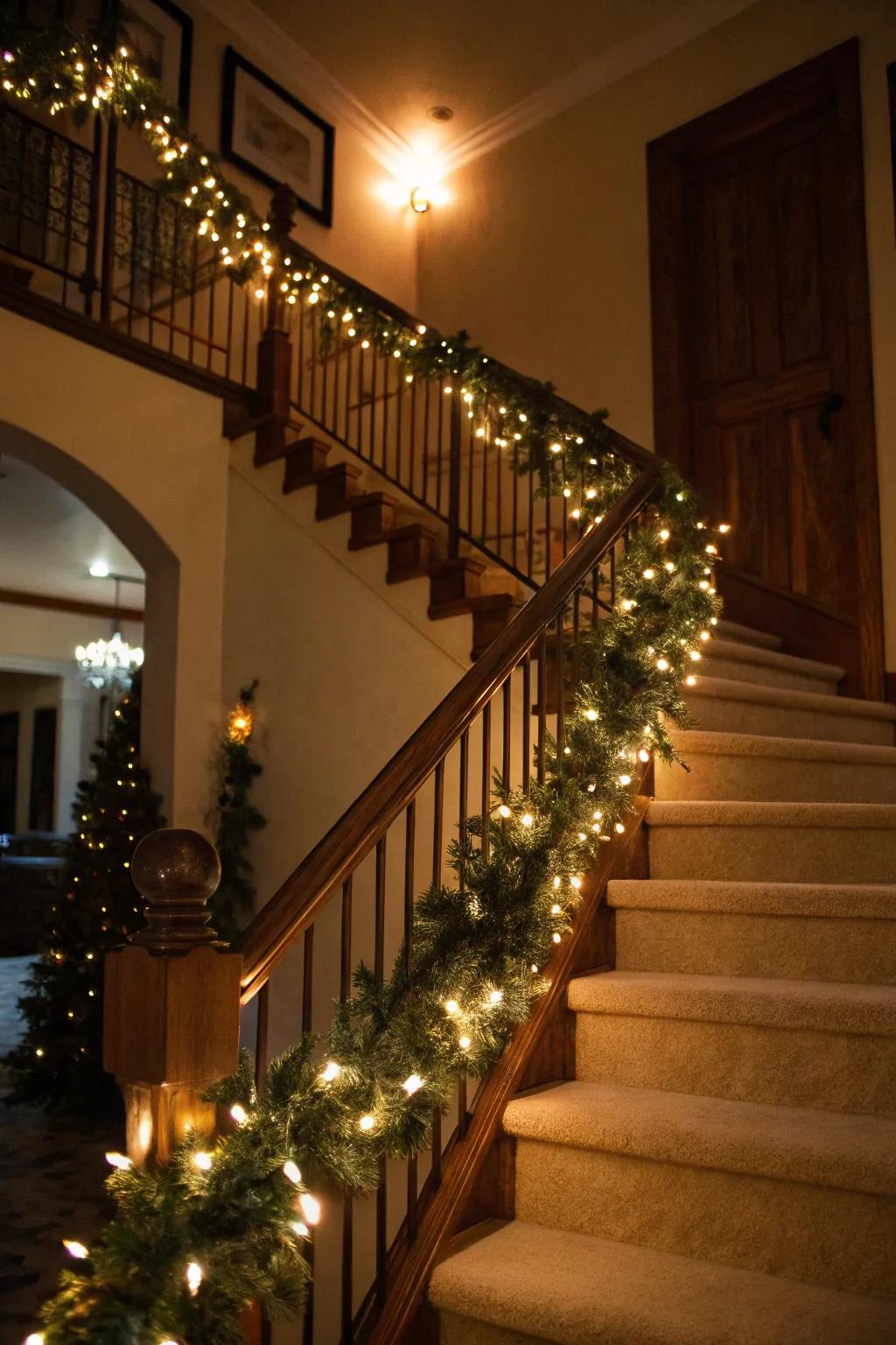 A staircase with a garland wrapped around the banister.