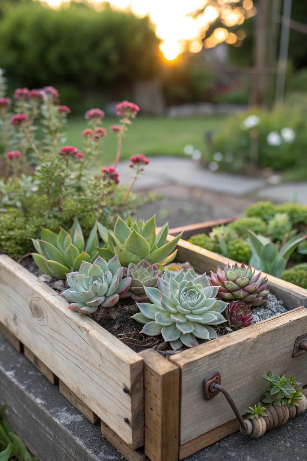 Hens and chicks nestled in a vintage wooden box offer rustic charm.