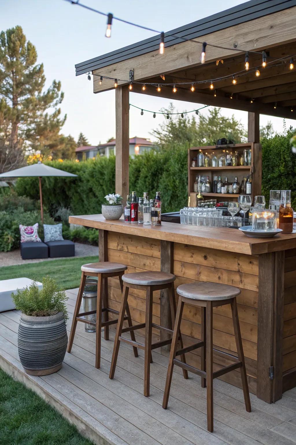 A backyard bar creates a perfect space for entertaining guests.