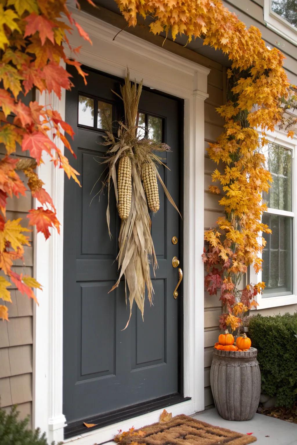 A front door adorned with a simple Indian corn swag, setting a warm autumn mood.