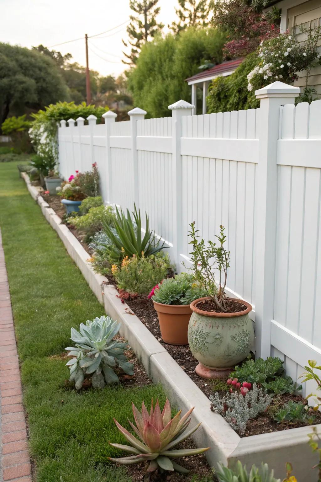 A display of various succulents offers a low-maintenance yet striking feature along a white vinyl fence.