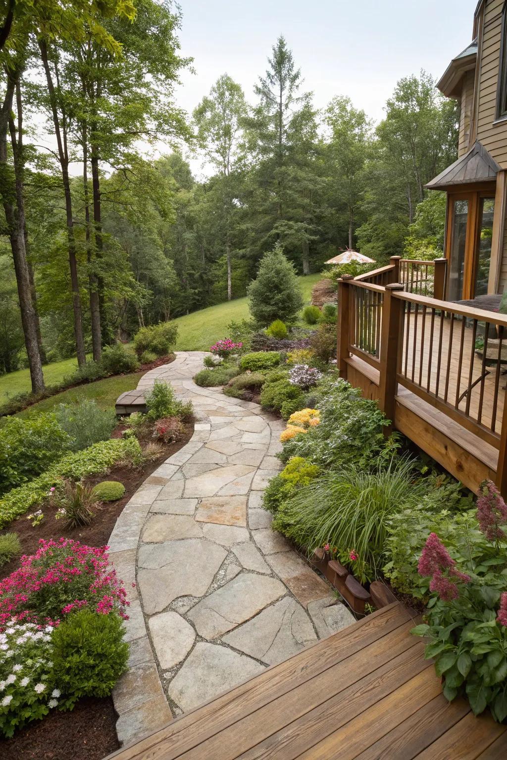 Charming stone pathways lead from the deck into the garden, enhancing the space's flow.