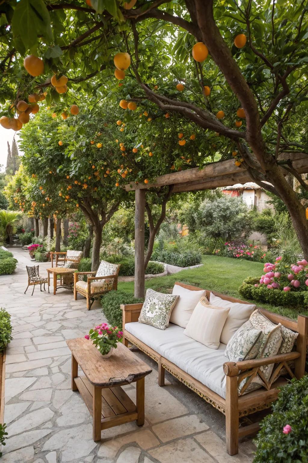 A cozy seating spot under the shade of citrus trees.