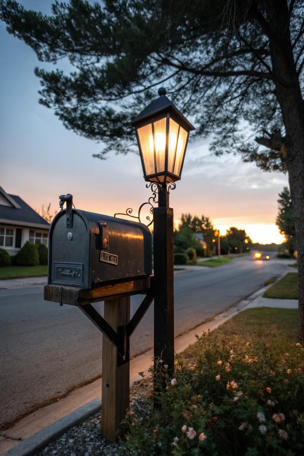 A mailbox with a light post that illuminates the night.