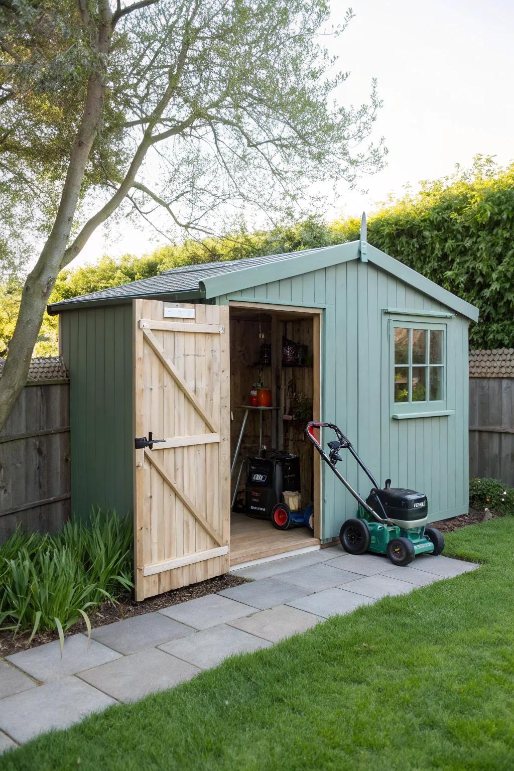 A compact corner shed perfect for small gardens.
