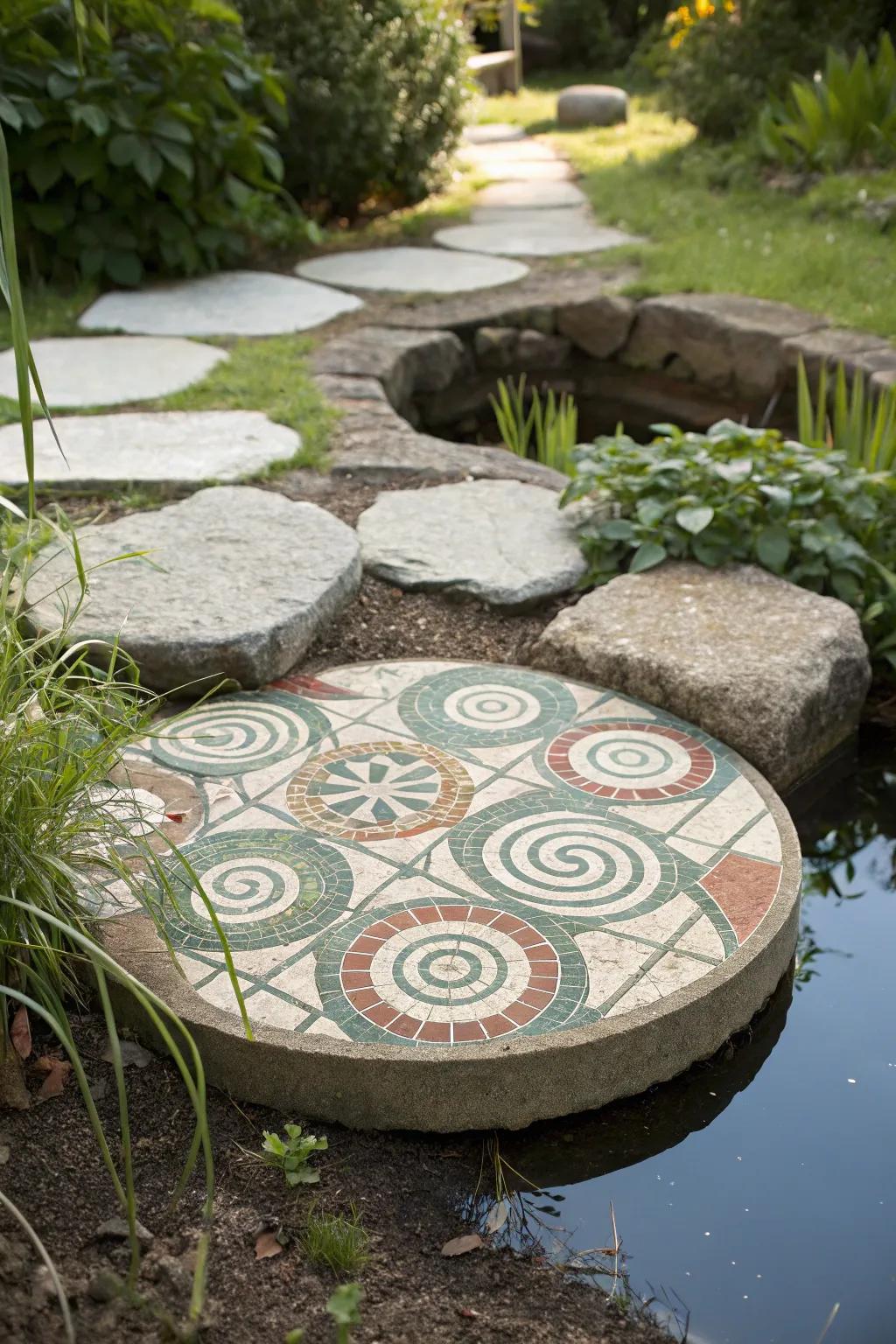 Geometric mosaic stepping stone with circles and spirals.