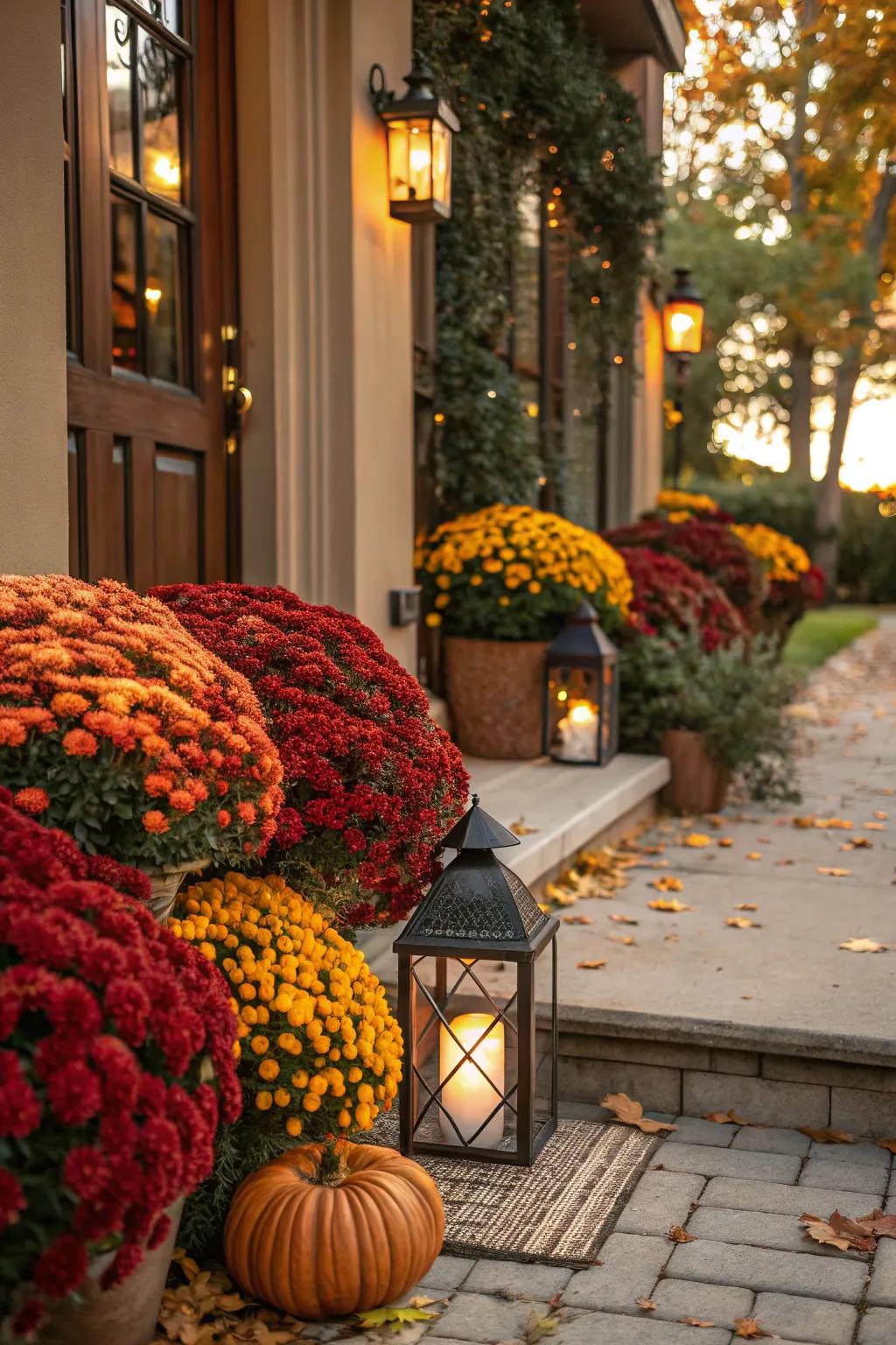 An inviting entryway adorned with mums and lanterns.