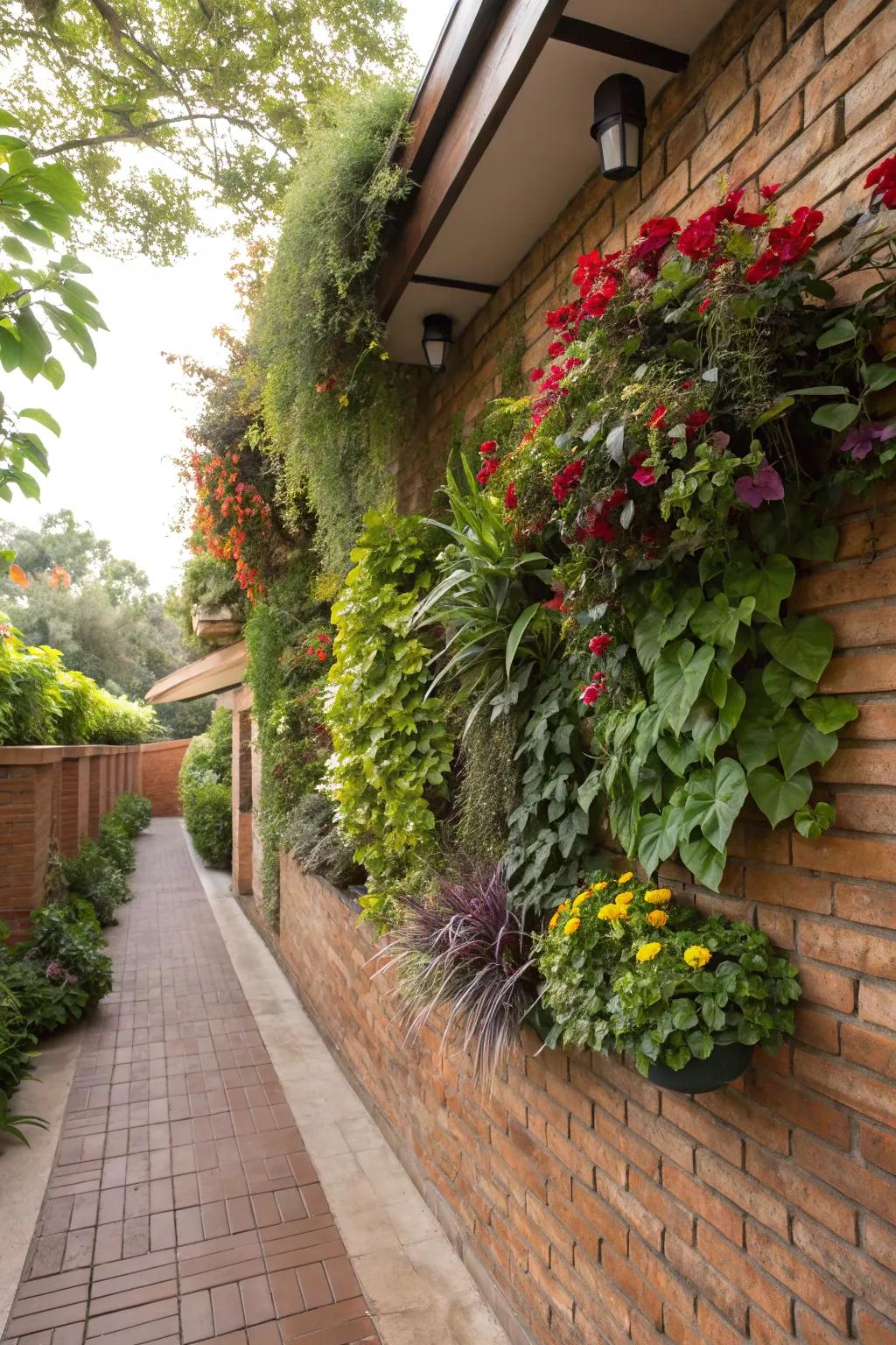 A vibrant vertical garden breathes life into a plain brick wall.