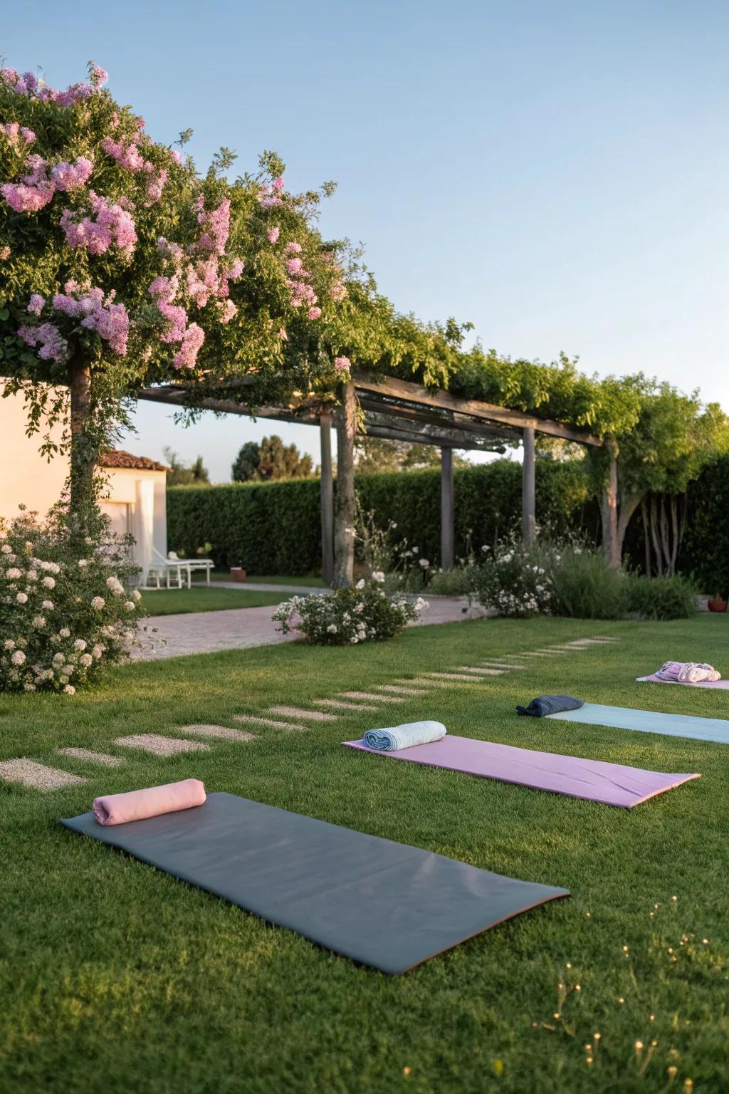 A serene outdoor yoga space with mats set in a tranquil garden.