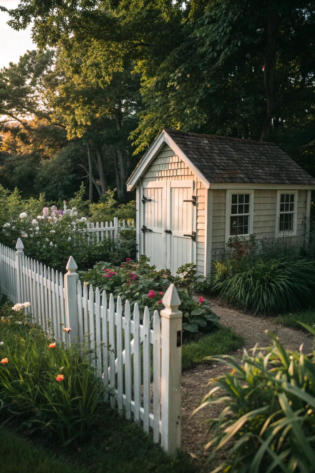 Garden shed bordered by a classic picket fence
